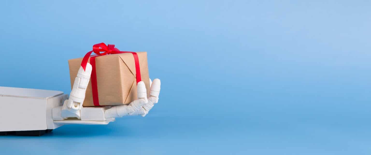 Des robots consommateurs en pleine dérision : la Chine se moque des tarifs dans ses vidéos d’intelligence artificielle Gift box in automated robot hand, blue background