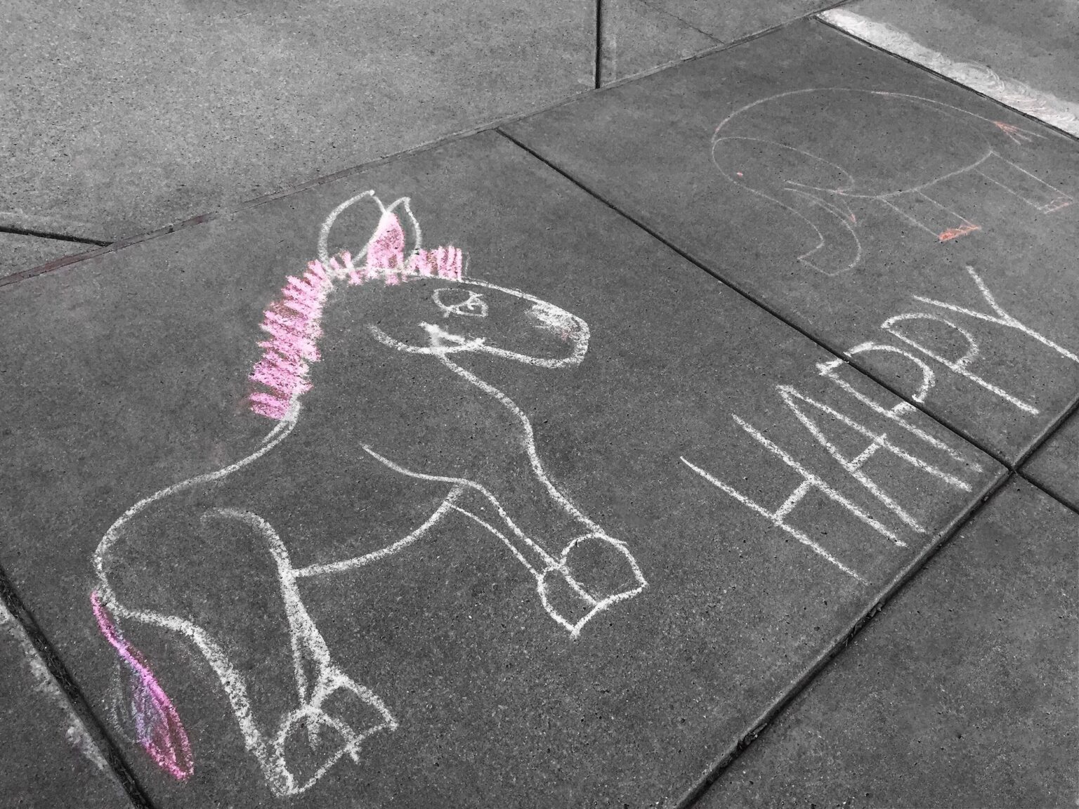 Sidewalk chalk pictures of political characters donkey and elephant and the word HAPPY for voting
