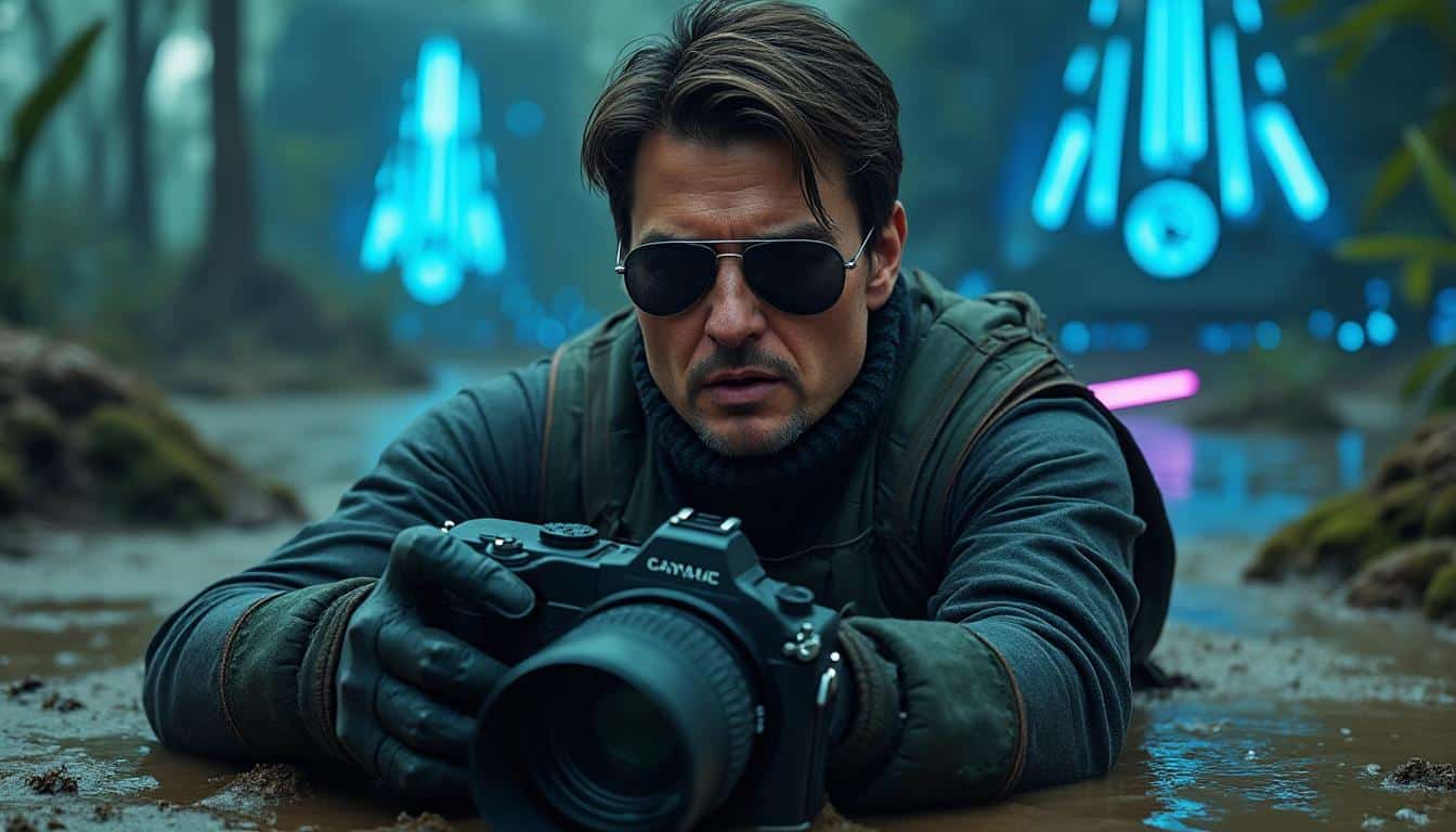 découvrez tom cruise dans une scène épique au sabre laser pour le nouveau star wars : starfighter, alliant action et univers galactique.